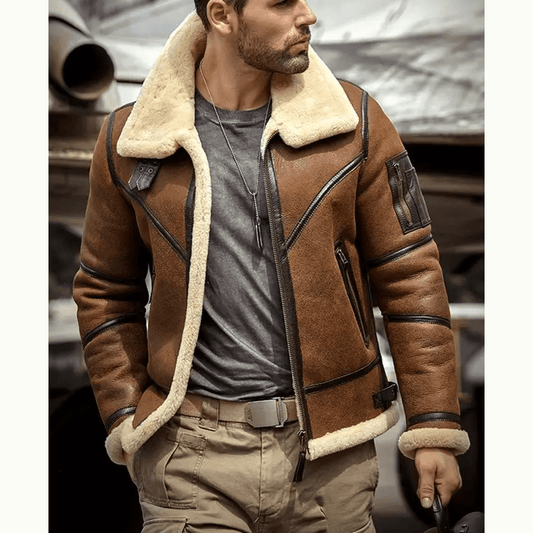 Mens Shearling B3 Bomber Flight Aviator Sheepskin Leather Jacket
